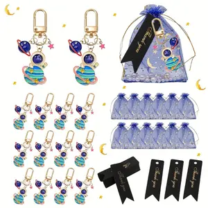 45pcs Astronaut Keychain Gift Set, Planet Pendant Party Favors 15 Sets Including, 15 Creative Lanyards & Keys Rings and Black Thank You Tags (15pcs) + Dark Blue Organza Bands 15pcs for Birthday Parties/Gender Reveal Events / Starry Sky Them