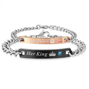 Jewelry Her King His Queen Titanium Steel Couple Rose Gold Electroplated Black Bracelet In Stock