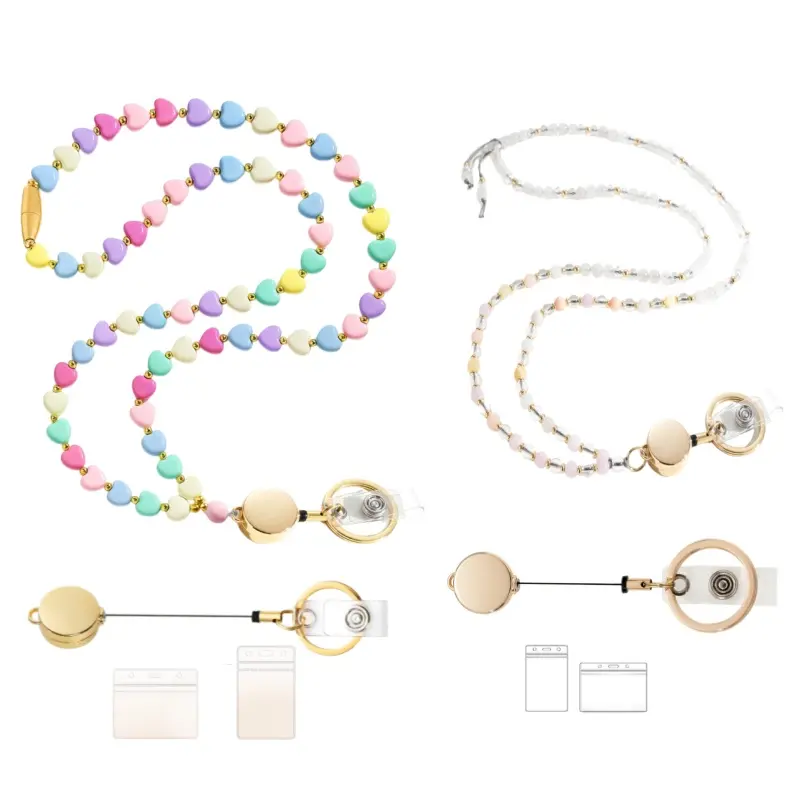 Reusable Adjustable Waist Strap Casual Identity Badge Holder with Handcrafted Beaded Lanyard - 0.8mm Diameter 6-Braided Wire, 10 Inches Plastic Key Chain, Durable Natural Stones, for Teachers, Everyday Use