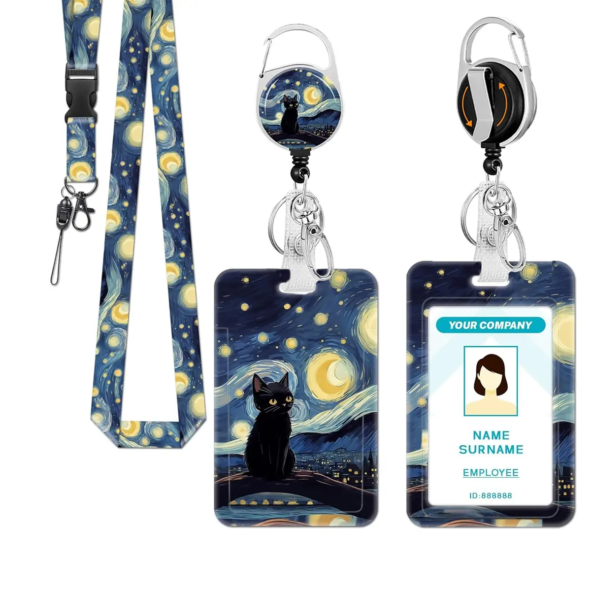 Cat Lanyard Set (badge Holder + Keychain + Card Case), Stretchable Scroll Clip, ID Protector for Teachers Nurses Doctors, Retractable Badge Scroll, Name Tag Lanyards, Badge Reel