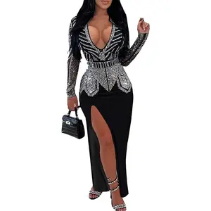 Women's Sexy Elegant Rhinestone Long Sleeve Night Club Dress Party Clubwear Sparkly Evening Dress
