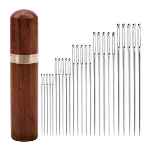 30 Pieces Big Eye Hand Sewing Needles Set, Sharp Embroidery Mending Needles with Portable Solid Wood Needle Storage Case