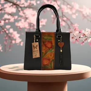 Genuine Leather Bag with Floral Embroidery and Butterfly Charm - Authentic Design