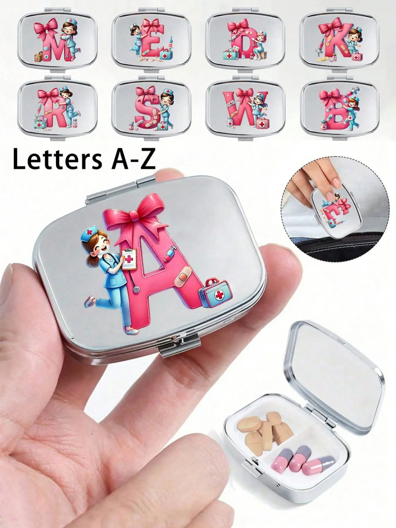 Square Nurse Letter Pattern Medicine Box, Supplement Organizer, Vitamin Organizer, Portable Mini Metal Storage Case, Travel Jewelry Organizer, Wedding Gift, Mother's Day Present