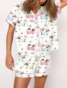 Women’s Dachshund Dog Satin Pajama Set, Wiener Dog Sleepwear, Funny Doxie PJs, Short Sleeve Cozy Loungewear for Dog Lovers