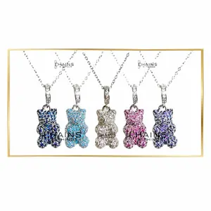 Gummy Bear Necklace 18K Silver over Stainless Steel 16" Cable Chain 5A Cubic Zirconia Crystal Charm Men Women Girls jewelry gift Choose COLOR