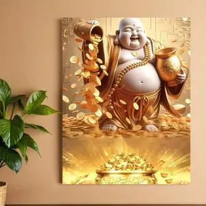 1 Piece Chinese Wealth and Prosperity Wall Art - Wooden Frame Buddha Wealth Canvas Print, God of Wealth Painting, Suitable for Home, Office, Feng Shui Decoration, Gold Coin Symbol, Spiritual Gift to Increase Wealth, 2D Flat, Perfect for Room Decoration