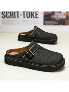 Men's Vintage Denim Half Slipper Without Back Design, Casual Leather Buckle Slippers, Retro Style Men's Half Drag Shoes