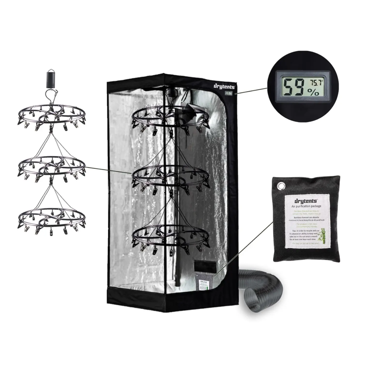 Dry Tents OG Rotating Herb Drying Tent With 3-Tier Spinning Chandelier, Hydrometer/Temperature Sensor, Air Purification Bag, And Light Proof Ducting For Efficient Drying