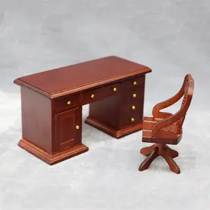 Wooden Desk and Chair Set 1:12 Miniature for Dollhouse Vintage Study Scene, Perfect Gift Idea