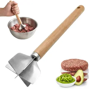 Stainless Steel Meat Chopper with Wooden Handle, 6 Blade Ground Beef Masher, Heavy Duty Potato Masher and Food Chopper Tool for Kitchen, Hamburger, Vegetables, Sauce and Cooking