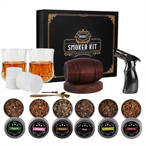 Whiskey Smoker Kit - 6 Flavors Wood Chips, 2 Glasses, 2 Ice Ball Molds - Cocktail Smoker Infuser Kit, Old Fashioned Drink Smoker Kit, Birthday Christmas Bourbon Whiskey Gifts for Men,Dad,Father,Boyfriend,Husband Kitchen Utensils Metal Wooden whiskey gift
