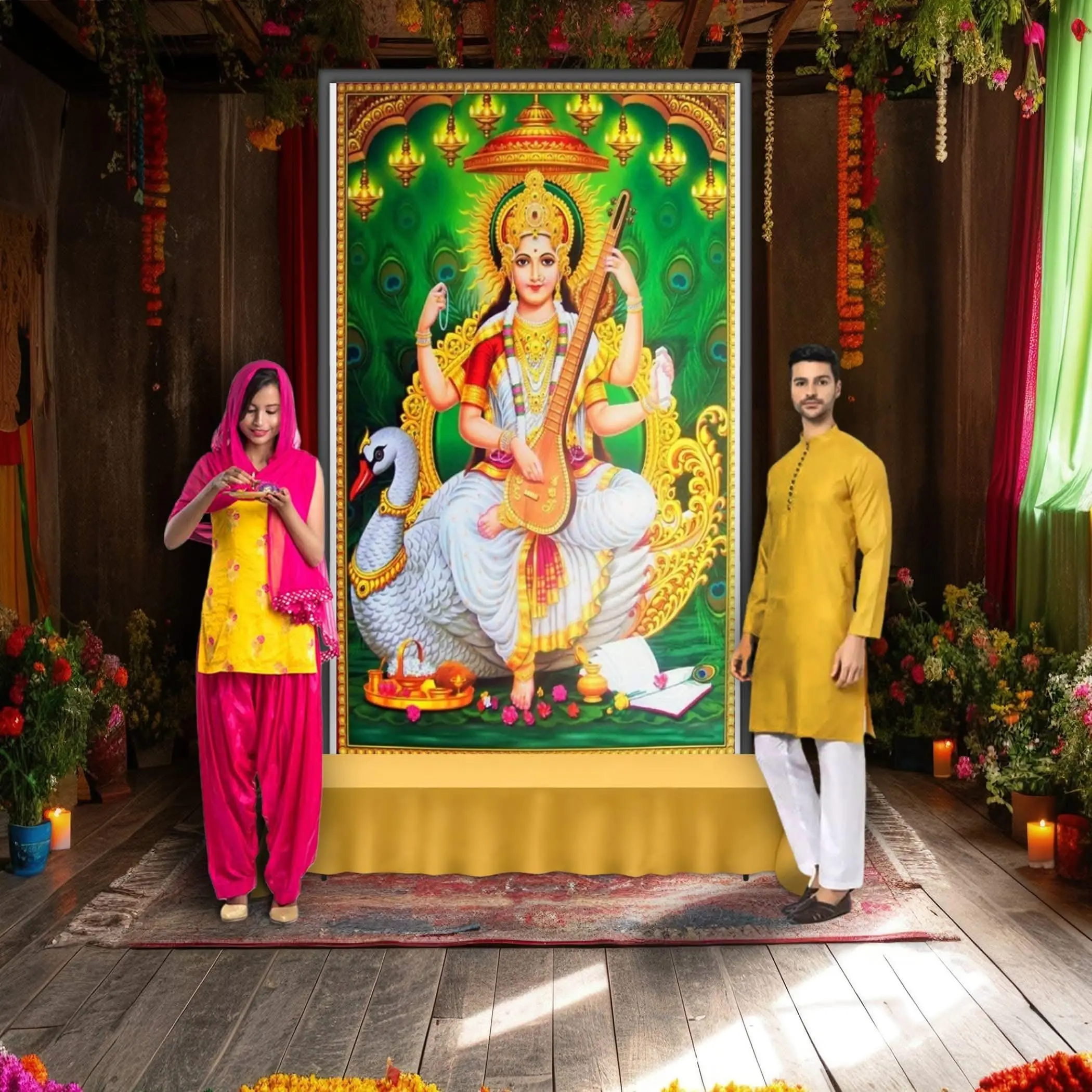LoveNspire Religious Elegant Saraswati Backdrop, 5x8 ft Diwali Photo Wall, Sacred Art for Pooja & Temple, Home Decor, Festive Cultural Gift
