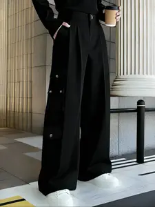 Men's Casual Wide Leg Pants, Side Large Pockets with Metal Buckle Decor, Loose-Fitting Street Style, Casual Fashion Trousers, All Seasons Fashion