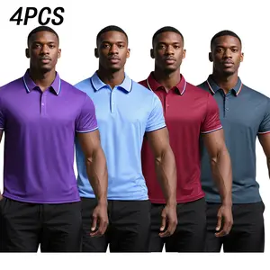 Men’s Summer Polo Shirt 4-Pack, contrast-color turn-down collar design, suitable for outdoor sports and fitness, casual vacation wear, polyester fiber#SummerVibes