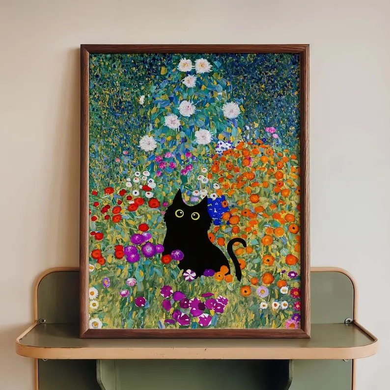 Gustav Klimt Garden Cat Print, Klimt Flowers Cat Poster, Black Cat Art, Floral Print, Funny Cat print, Funny gift, Home decor Poster