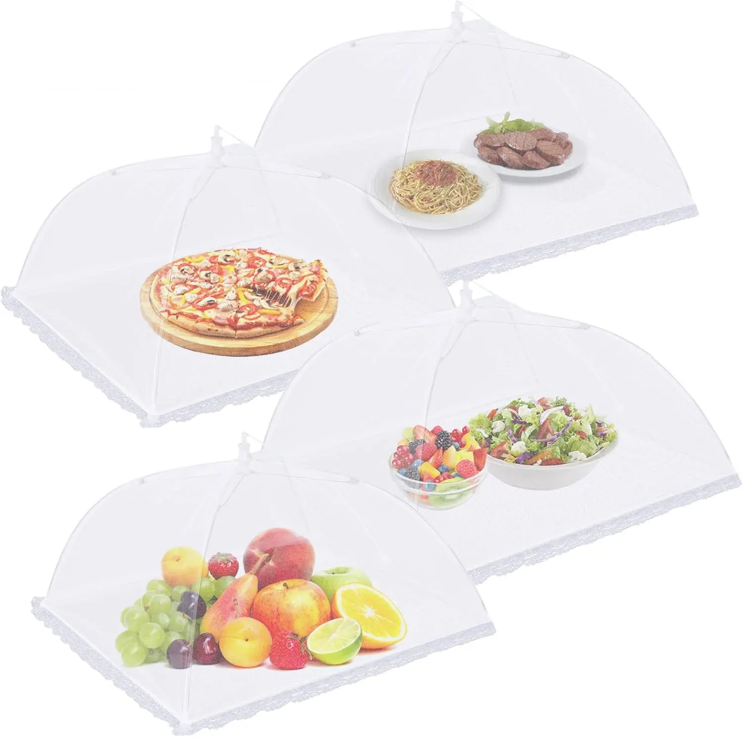4-Pack Tent-Shape Metal Frame Kitchen Food Covers, 17in Breathable Mesh Dome Fruit Cover, Pop-Up Foldable Portable Insect Shield for Outdoor Dining & Seedling Protection