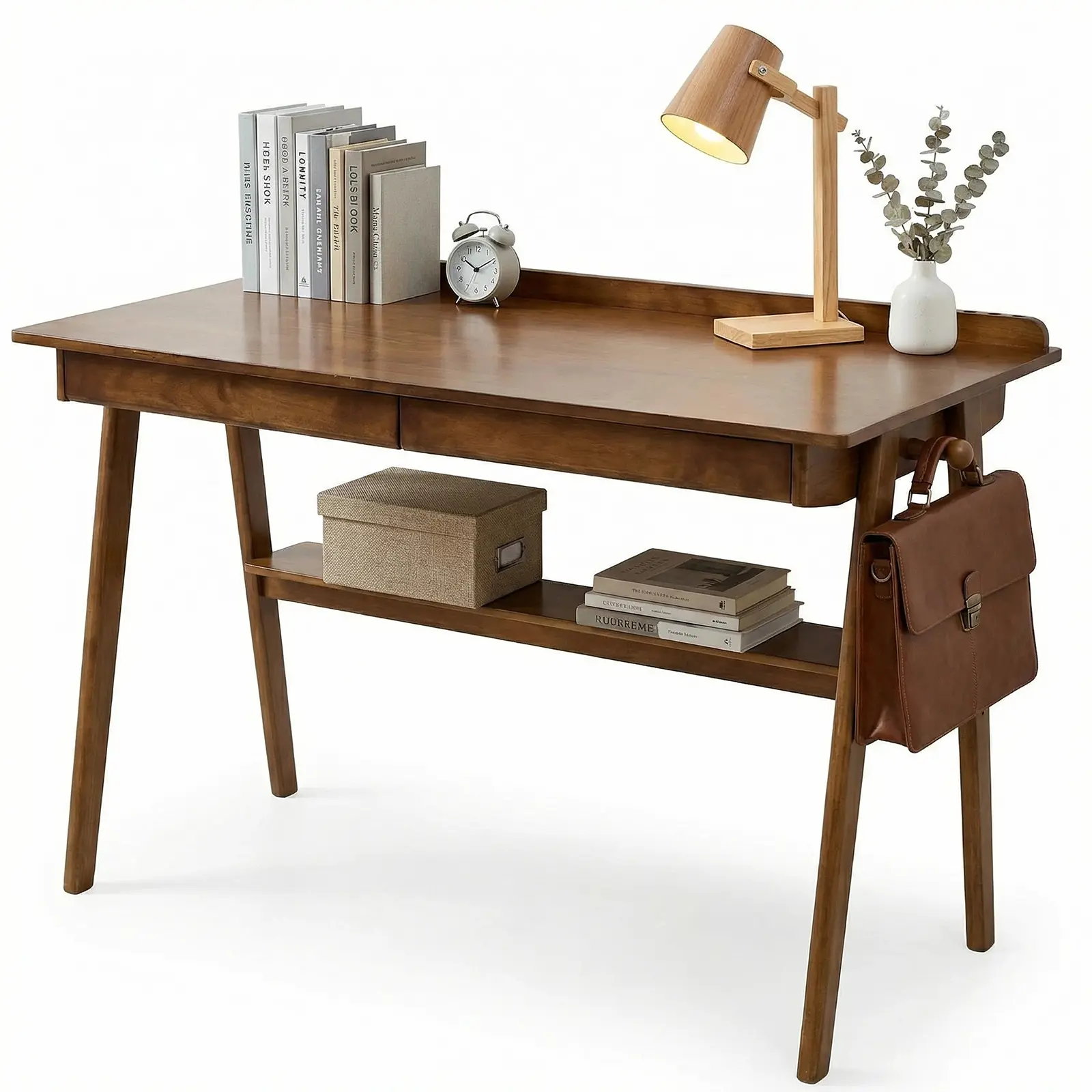 Solid Wood Writing Desk, 47.27" Home Office Desk with 2 Drawers & Storage Shelf, Mid-Century Modern Study Desk with Side Hooks, Walnut