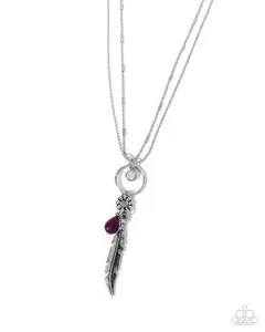 Foundation Stone - Purple Silver Feather Long Necklace - Paparazzi