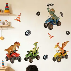 Set of 2 Pcs (30×60cm*2pcs) Self-Adhesive Cartoon Dinosaur Racing Wall Stickers, Cool Wall Decor Stickers for Kids Room Home Decor