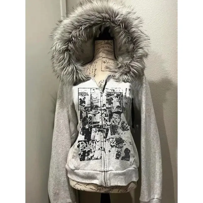 Gohic Vintage Sweatshirts Women's Jackets White Print Tunic Hooded Y2k Coat Streetwear Fashion Casual Hoodies Tops Ropa Mujer
