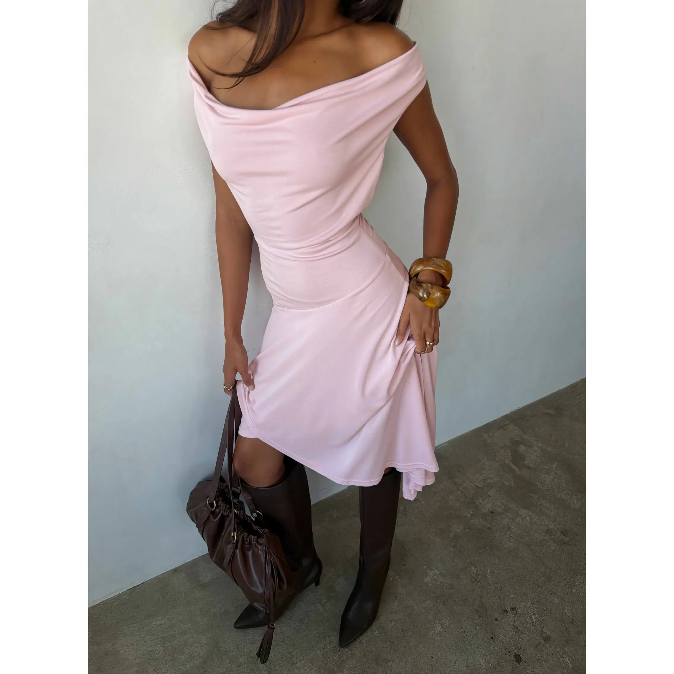 Yesina Halter Jersey Midi Dress Pink