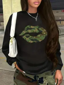 Women's Dropped Shoulder Sweatshirt, Camo Lip Print, Comfortable Long Sleeve Round Neck Pullover, Fall & Winter Fashion Casual Outerwear