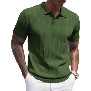 Men's knitted polo shirt short sleeved ribbed polo shirt lightweight casual golf shirt collar T-shirt(Sheet)