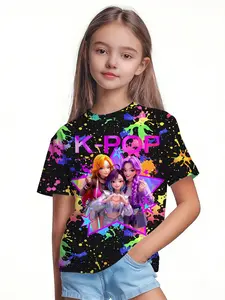 Girls Kpop Short Sleeve Tee, Inkblot Cartoon Print Summer Breathable T-Shirt, Outdoor Casual Comfort Fabric, Perfect Gift