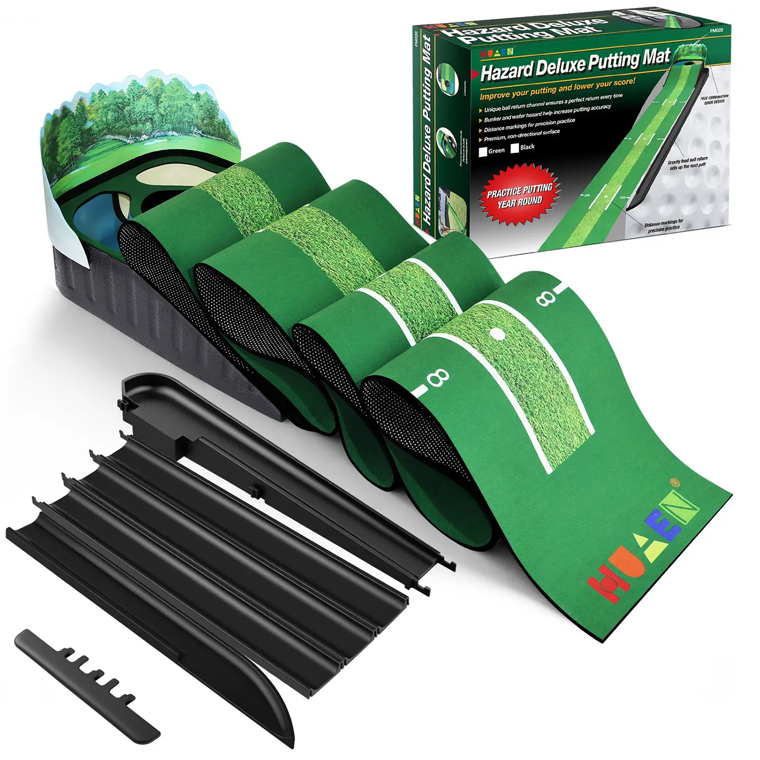 9.5ft Putting Green Indoor - Golf Putting Mat boasts Genuine Green Speed and a Wrinkle-Free Surface. Practice Putting Mat with lenticular 3D Backplate, Alignment Guides and Ball Return