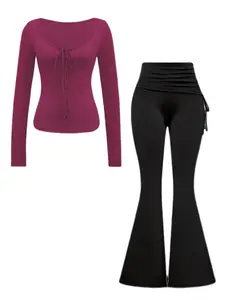 Elegant U-Neck Wrap Belted Top & Comfortable Flare Pants Set, Slimming Button Design, Versatile Spring & Fall