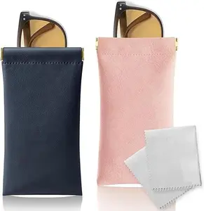 Soft Sunglass Case 2 Pack - Portable Squeeze Top Leather Eyeglass Case Pouch with Durable Design and Versatile Storage