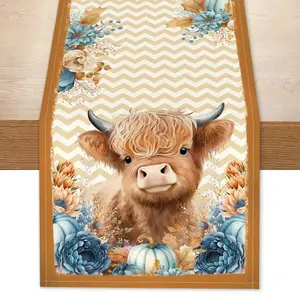 Harvest Festival Themed Table Runner, 1 Count Cow & Pumpkin Pattern Table Flag, Table Decoration Supplies for Home Party & Dining Room