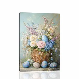Vibrant Spring Basket Of Flowers Canvas Wall Art - Impressionistic Floral Still Life Painting With Decorated Easter Eggs For Home Decor, Living Room, Bedroom, Dining Room & Office Ornaments Decoration