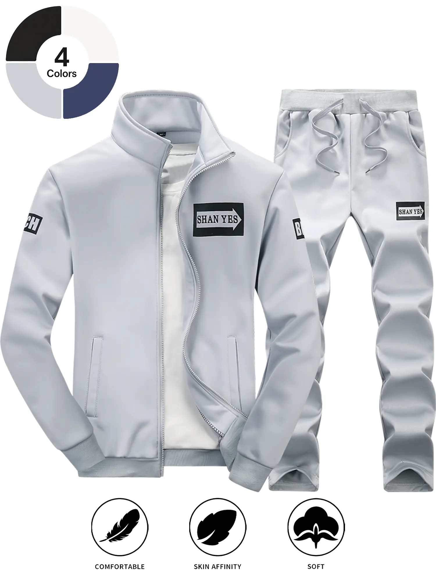 Men's 2-Piece Athleisure Tracksuit Set - Polyester Clothes with Full-Zip Jacket, Pocketed Pants for Sports, Daily Wear (Spring-Autumn Fashion Printed Menswear Clothes, Zipper Design for Casual Use)