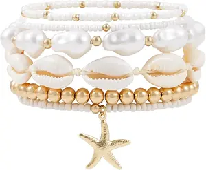 Summer Surfer Bracelet Set Women Stackable Gold Plated Clay Bead Stretch Pink Beach Layering Bracelets Jewelry