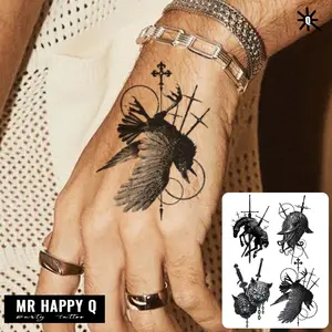 Temporary Tattoo Sticker Featuring Dark Style Sketch Designs of War Horses, Tigers, Birds, and Swords, Realistic Ink Body Art for Hands and Neck, Unisex Fashion Statement for Festivals and Bold Looks
