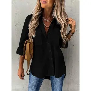 Women's Plain Button Front Pocket Shirt, Casual Long Sleeve Collared Top for Daily Wear, Ladies Clothes for All Seasons Womenswear Blouse
