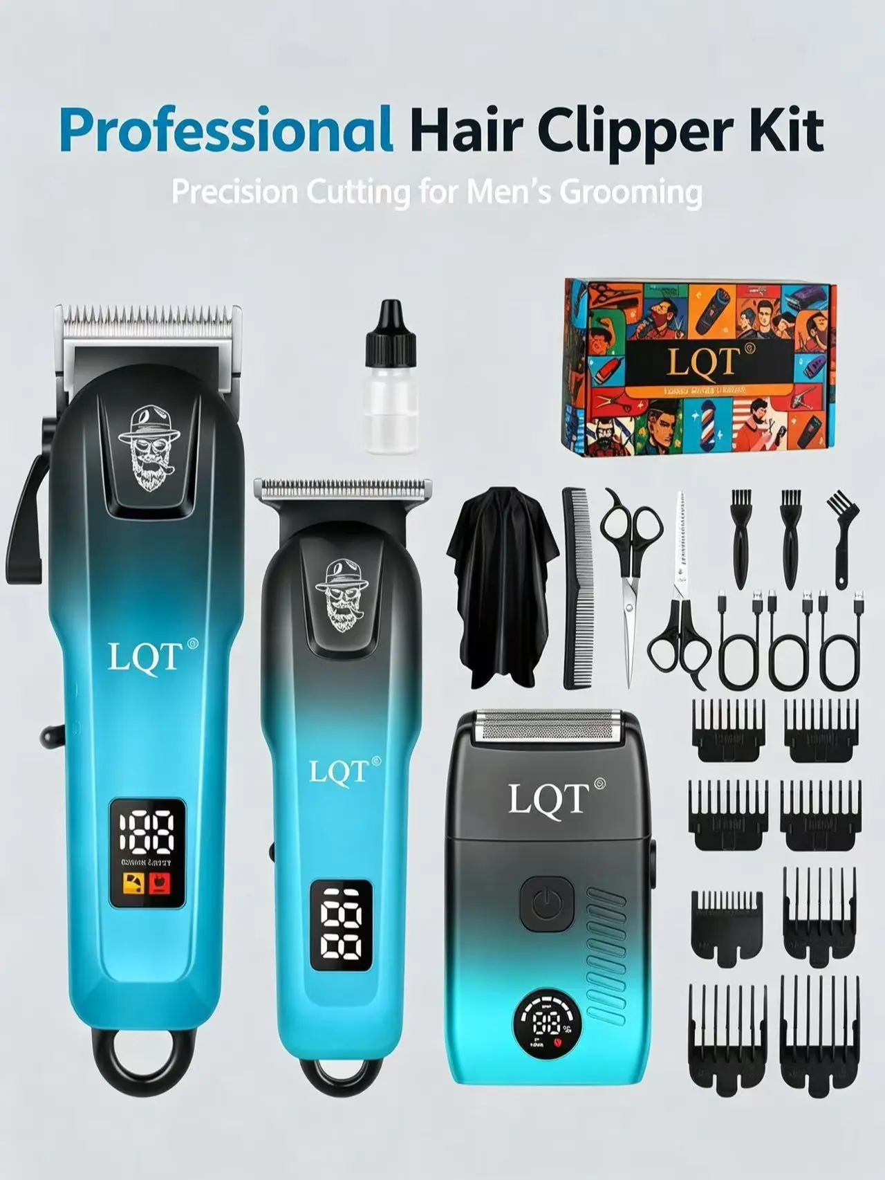 LQT 3-in-1 Professional Hair Clippers Set, Rechargeable Cordless Hair Trimmer & Electric Shaver Kit, Complete Barber Cutting Grooming Supplies For Men Home Barbershop Use