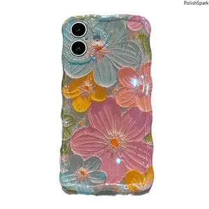 Oil Painting Flower Wavy Edge Phone Case - Laser Glitter Soft TPU Shockproof Cover for iPhone | Aesthetic Floral Case for Women Spring Daily Party Vacation Wear
