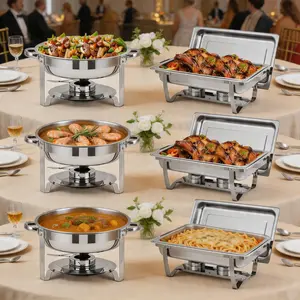 GARVEE 6 Pack Chafing Dish Buffet Set with 8 Qt Rectangle & 5 Qt Round Stainless Steel Chafers, Includes Lid, Food & Water Pan, and Fuel Holder for Events, Parties, and Holiday Catering