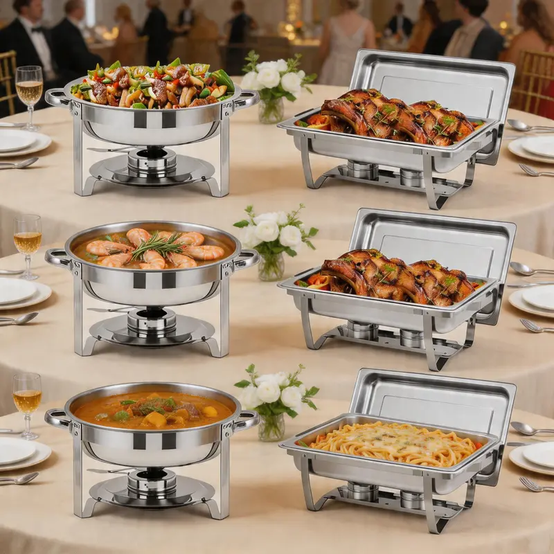 GARVEE 6 Pack Chafing Dish Buffet Set with 8 Qt Rectangle & 5 Qt Round Stainless Steel Chafers, Includes Lid, Food & Water Pan, and Fuel Holder for Events, Parties, and Holiday Catering