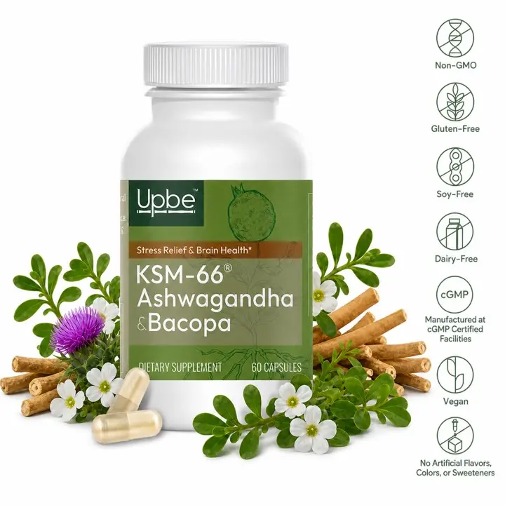 Upbe Edible Ashwagandha & Bacopa Daily Dietary Supplement - 60 Vegan Capsules with KSM-66, Milk Thistle, Hydroxypropyl Methylcellulose for Adult Stress Support & Focus Enhancement