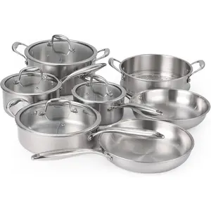 Professional 11-Piece Tri-Ply Stainless Steel Pots and Pans Set – Cookware with Tempered Glass Lids, Induction, Oven & Dishwasher Safe, Non-Toxic, Warp-Resistant, Mirror Finish, Firm Handles