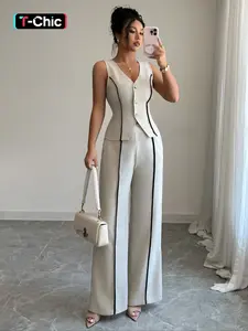 Colorblock V-Neck Sleeveless Vest Set Suits with Wide Leg Pants, Spring & Fall Fashion, Slim Fit, Plain Pattern, Natural Waist, Womenswear