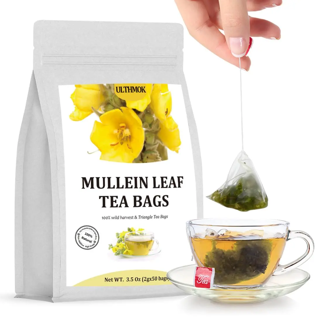 Premium Mullein Leaf Tea Bags 50 Count, 100% Pure Mullein Leaves, Caffeine Free Herbal Tea, No Flavoring, No Additives, Fresh Herbal Blend