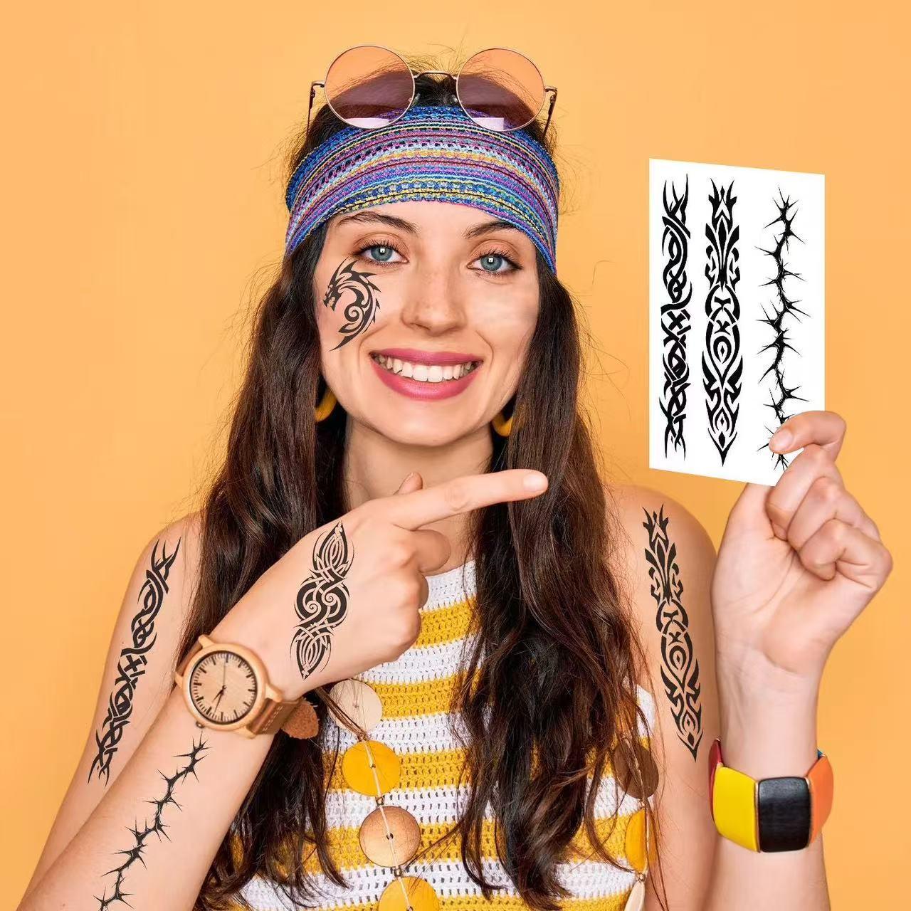 Cool, Dark-Themed Black-and-White Tribal Rune Symbol Totem Tattoo Stickers – Realistic Semi-Permanent Waterproof Tattoos