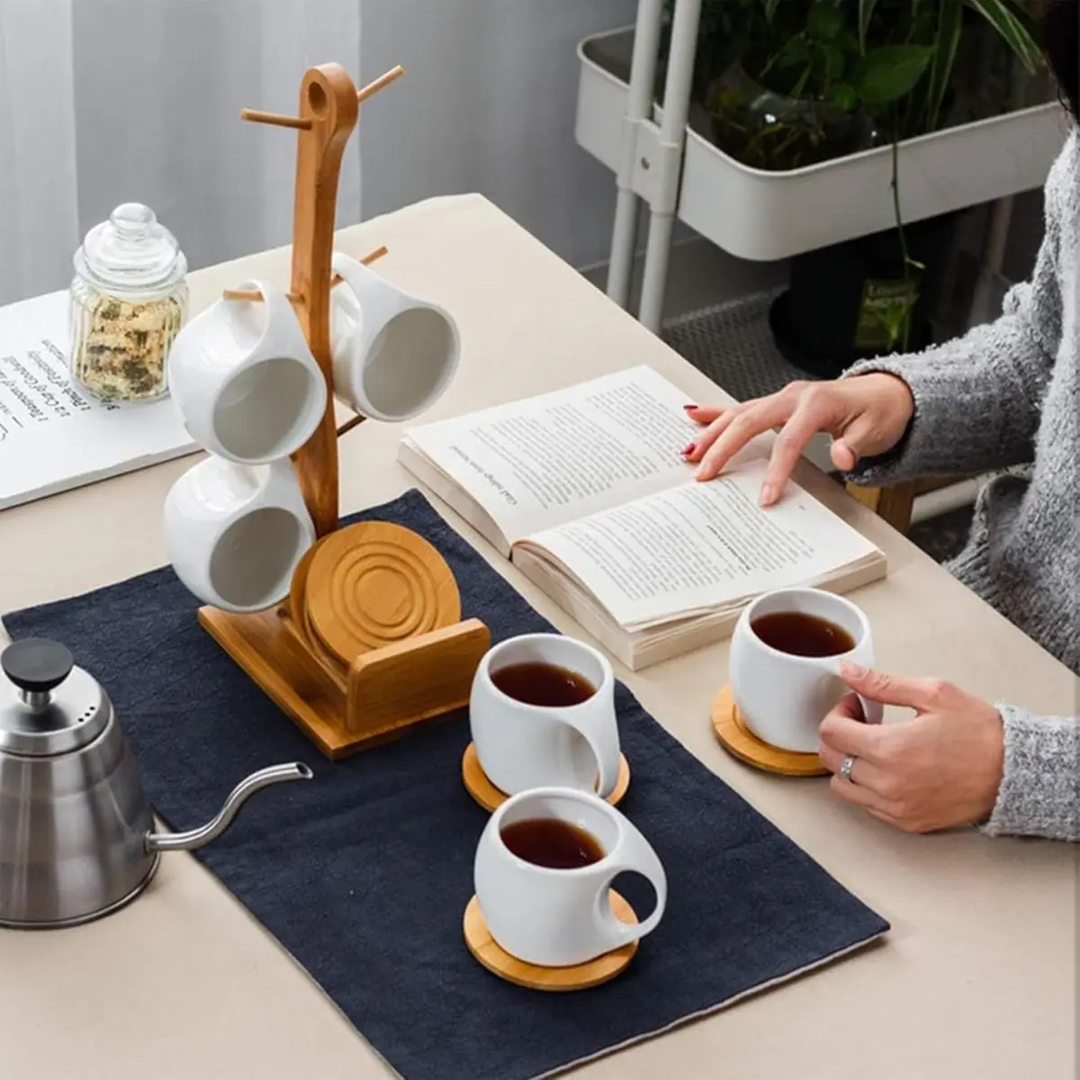 6-Piece Ceramic Coffee Cup & Saucer Set with Bamboo Stand  Heat-Resistant  Mugs with Coasters,