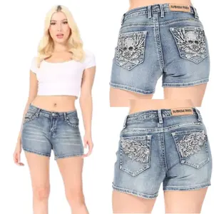 Tripple-X Short Women's Plus Size Stretch Denim Jean Shorts Y2K Mid Waist Fitted with Rhinestone Embellishments & 5 Pockets Casual Vintage Style