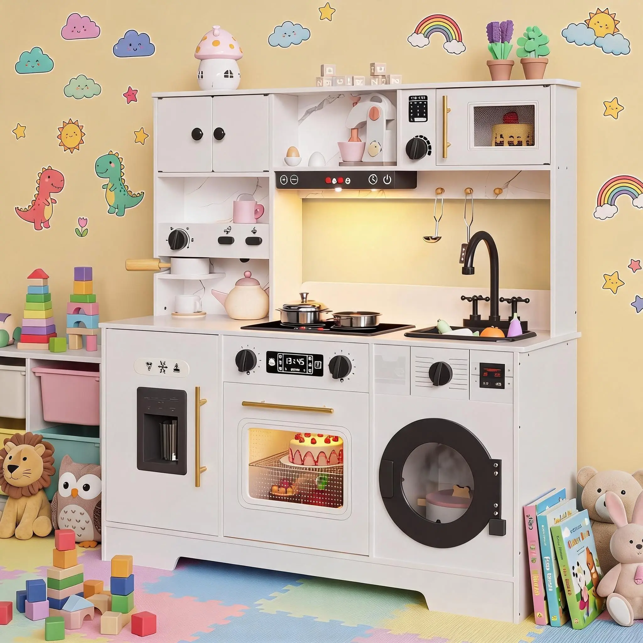 8-in-1 Wooden Play Kitchen Set for Kids - Lights & Sounds, Coffee Maker, Stove/Basin/Oven/Microwave- Pretend Cooking Toy Ages 3+